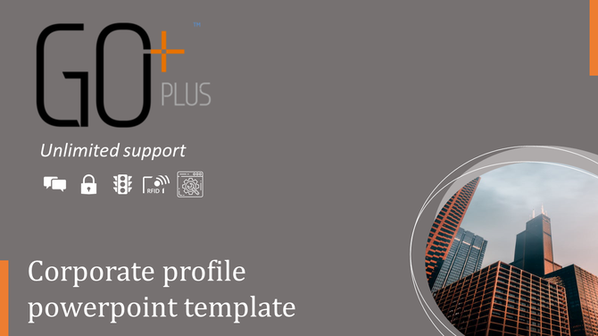 Corporate profile slide with a dark gray background, bold 'GO Plus' branding, security icons, and a circular cityscape image.