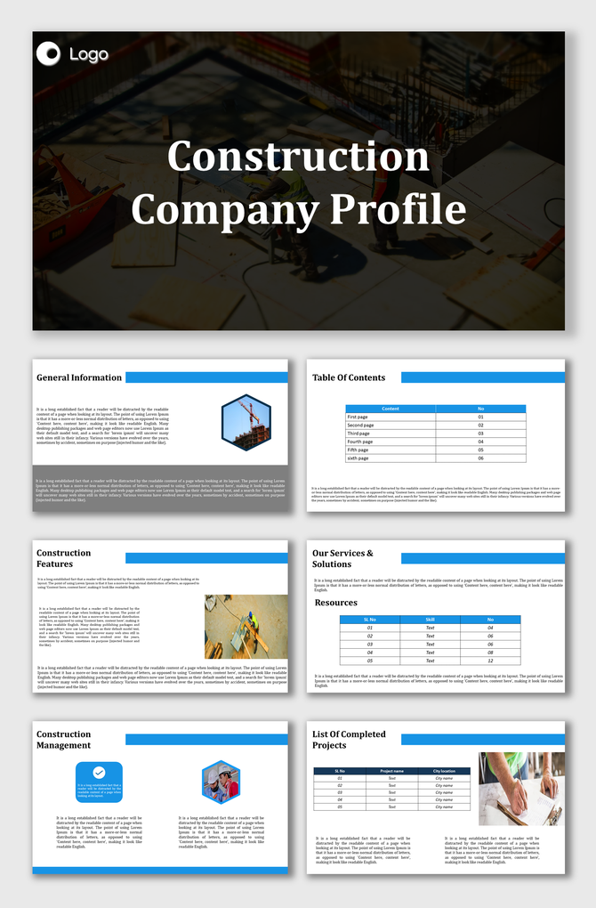 Construction themed slides with blue accents, displaying sections for general information, services, and a table of contents.