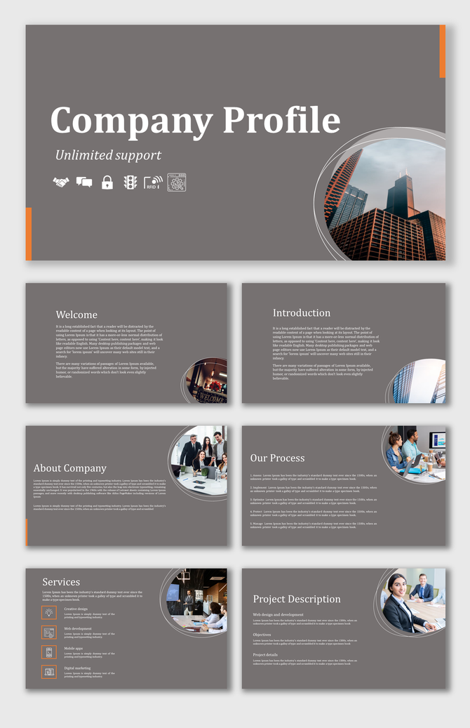 Company profile template with structured slides for welcome, introduction, services, process, and project description.