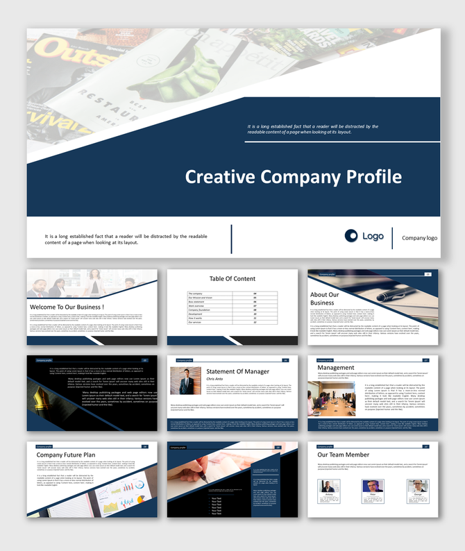 Company profile slide deck in blue theme, featuring business overview, future plans, management, and team members.