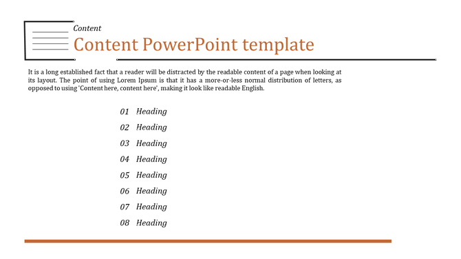 Content template with orange and black text, featuring organized list sections and a horizontal line.