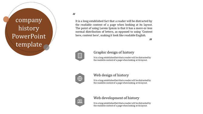 Company slide with three gray hexagonal icons with text sections and a large brown circle with title on the left.