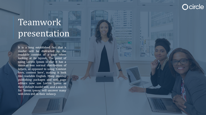 Teamwork presentation slide featuring professionals collaborating around a table with laptops in a bright office setting.