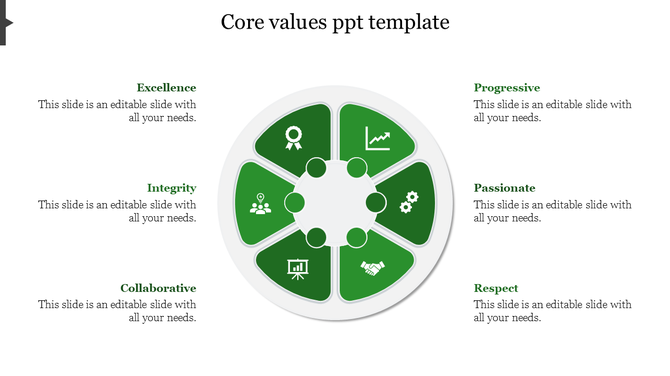 Core values diagram in green, featuring values of six sections in a circular format with icons and placeholder text.