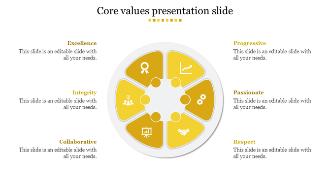 Core values PowerPoint slide with eight segments, each representing a different value from excellence to respect.
