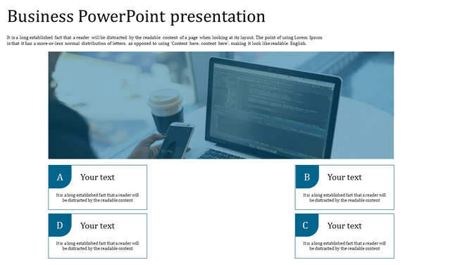 Business slide with a laptop and phone on a desk, with a blue color palette and four labeled content boxes below.