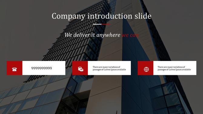 Company introduction slide with a modern building background, featuring three red and white contact informtion boxes.