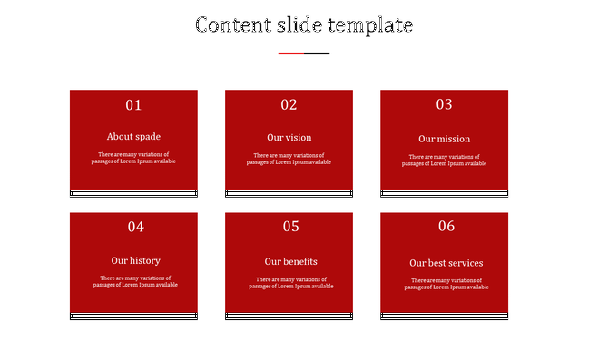 Minimalist content slide with six red sections, numbered and labeled with categories like history, services, and benefits.