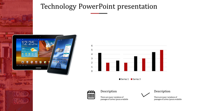 Technology slide displaying Samsung tablets, a bar chart, and two areas with an icon of a calendar and a checkmark. 