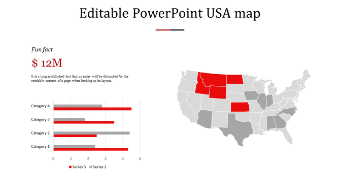 USA map PPT slide with highlighted states and category data visualization.
