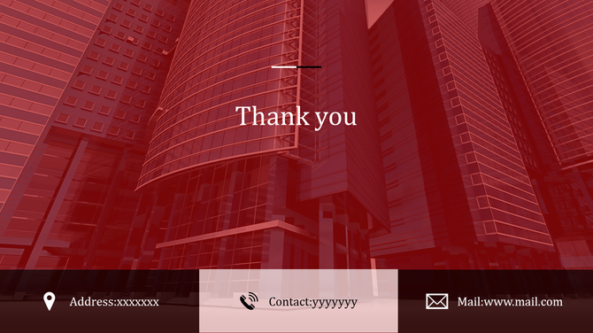 Thank you slide with a red tinted cityscape background and contact information at the bottom.