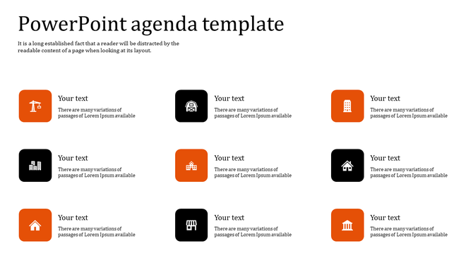 Visually appealing agenda PPT slide provides a structured framework with color coded icons and placeholder text.