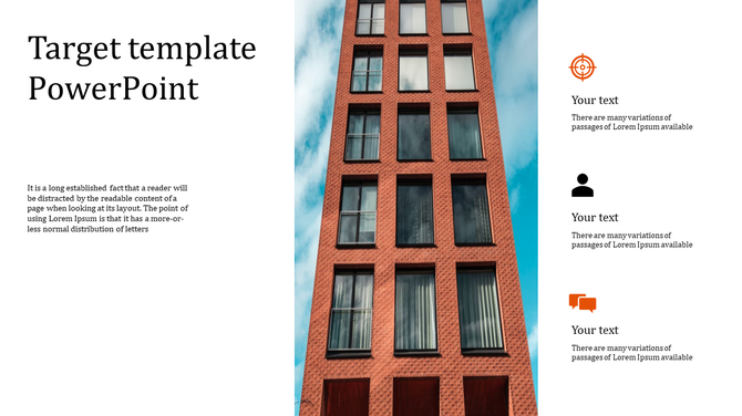 A modern target PowerPoint template featuring a high rise building image and icons with placeholder text.