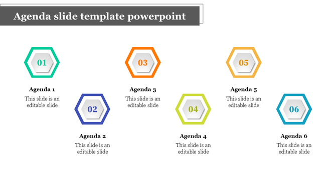 A visually engaging agenda PPT template featuring colorful hexagonal shapes and a numbered list with placeholder text.
