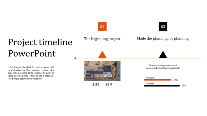 Timeline slide with two project milestones and progress indicators, including an aerial image of a construction site.