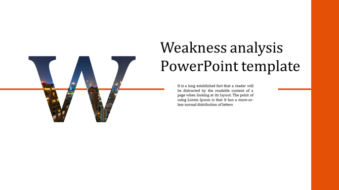 Weakness slide with a large W letter featuring a cityscape inside, an orange horizontal line, and text on the right.