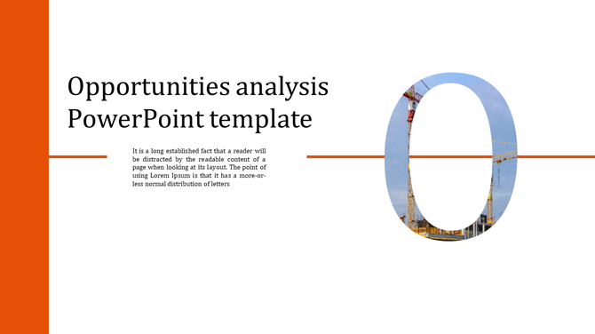 Opportunities analysis design template with a white background, bold typography, an orange sidebar with caption areas.