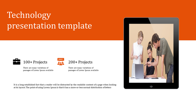 Technology slide with an orange header, paired with project statistics and a group photo displayed on a tablet.