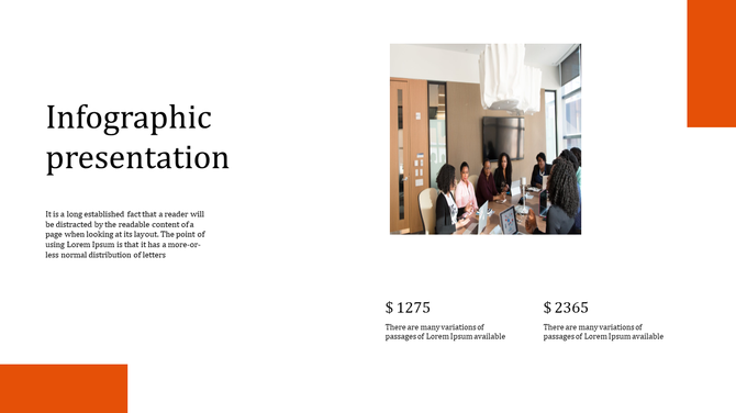 Infographic presentation template with a photo of a team meeting and cost details.
