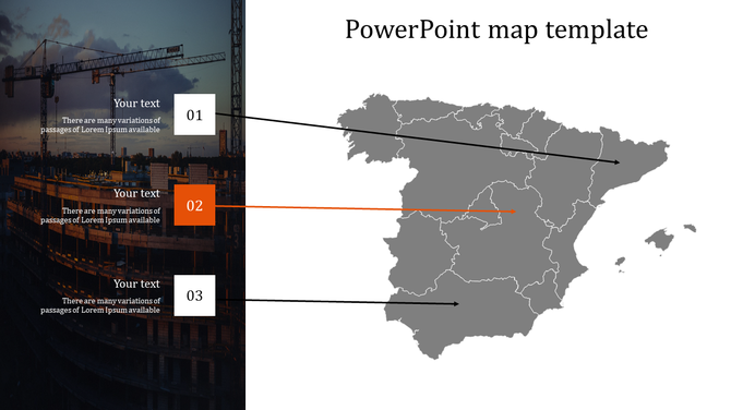 Gray map of Spain connected with three text boxes in white and orange, on a construction image backdrop.