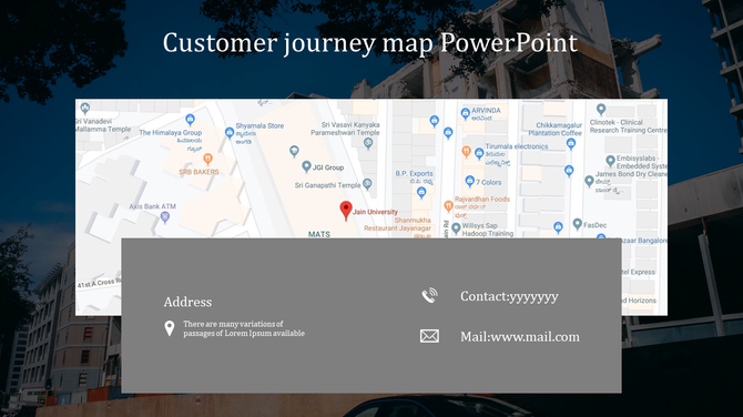 Customer journey map PowerPoint slide features a map and contact information with icons for address, phone, and email.