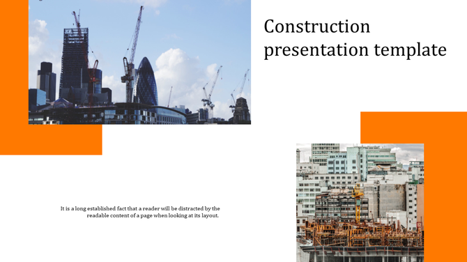 Construction presentation template with a clean layout, featuring images of construction sites and a vibrant orange accent.