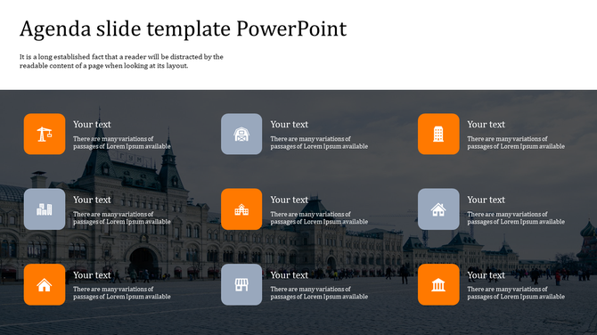 Agenda PPT slide with icons representing construction, building, house, and other themes, placed over a cityscape background.