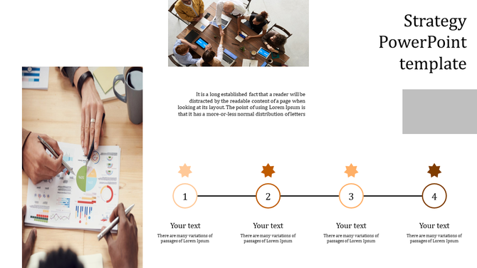 Strategy slide with two images of people working on charts, and a horizontal line with four numbered icons and text boxes.