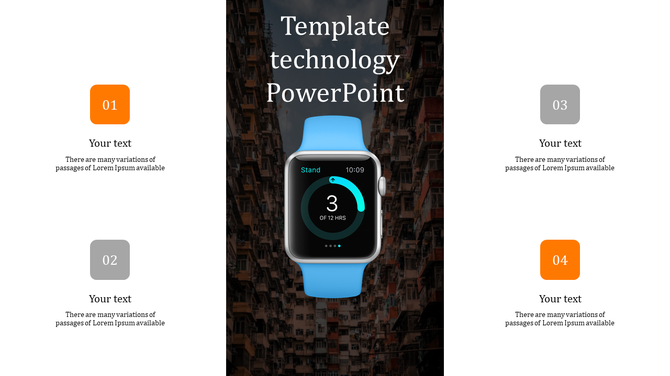 Technology PowerPoint slide featuring an Apple Watch display and numbered sections for text.