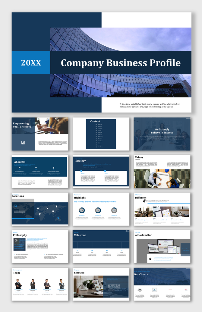 Company Profile PowerPoint slides with sections on company overview, strategy, milestones, services, and client list.