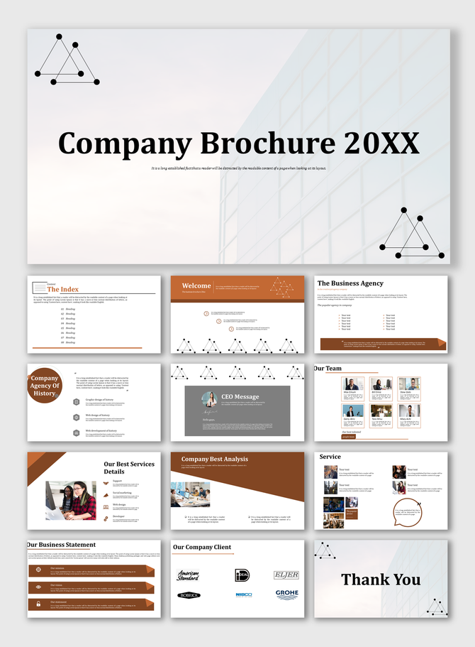 Modern company brochure design with slides, highlighting services, team members, business strategy, and company details.