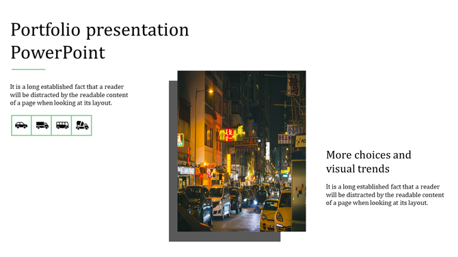 Portfolio slide featuring a nighttime city street photo, vehicle icons, and text sections with a modern layout.