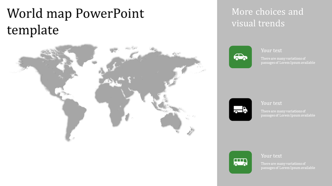 PowerPoint template with a world map and icons representing cars, trucks, and buses, with placeholder text beside each icon.