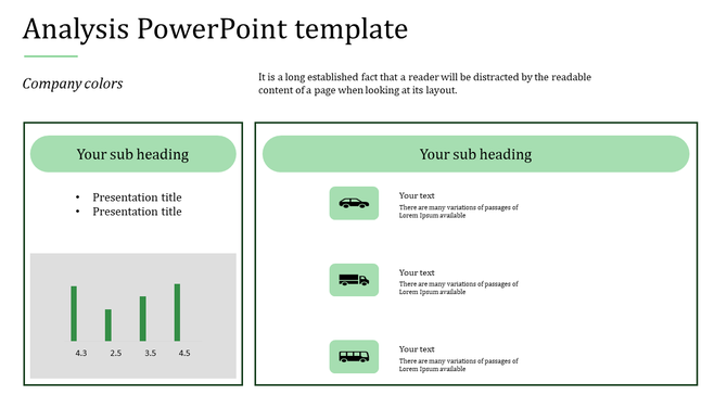 Analysis PowerPoint slide featuring a bar graph and vehicle icons with placeholders for text and subheadings.