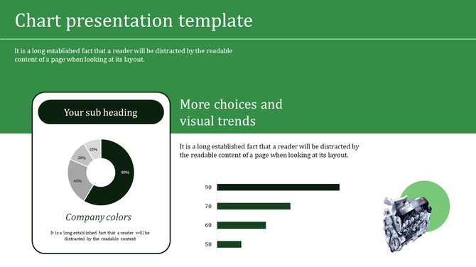 Slide with green and white sections, featuring pie and bar charts, and an engine image in the bottom right corner.