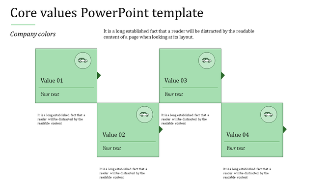 Core values slide featuring four green blocks with icons, numbered sections, and placeholders for text.