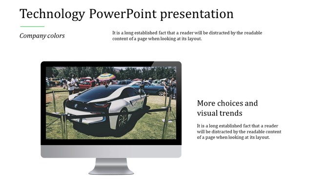 Technology themed slide featuring a desktop monitor with an image of a white sports car at a car show.