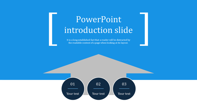 Blue slide for PowerPoint introduction featuring three circular sections for text and an arrow graphic.