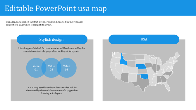 PowerPoint template with a USA map, highlighting states and three labeled values in blue circles for a stylish design.