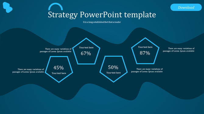 Strategy PowerPoint template featuring four pentagon shapes with percentage values and placeholder text.