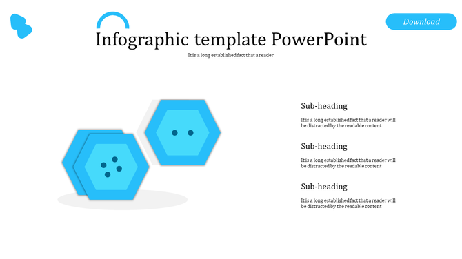 Infographic template featuring two blue hexagons with dots and three text placeholders on the right.