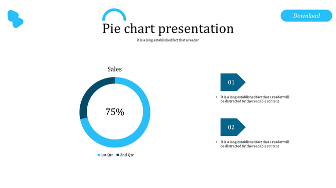 Pie chart slide with a blue and dark blue donut chart showing 75% sales, two numbered text boxes on the right.