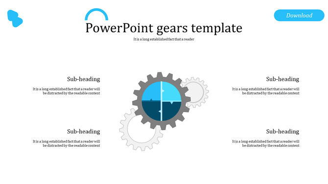 Gears template featuring a central dark gray gear with a blue segmented core, surrounded by two smaller light gray gears.