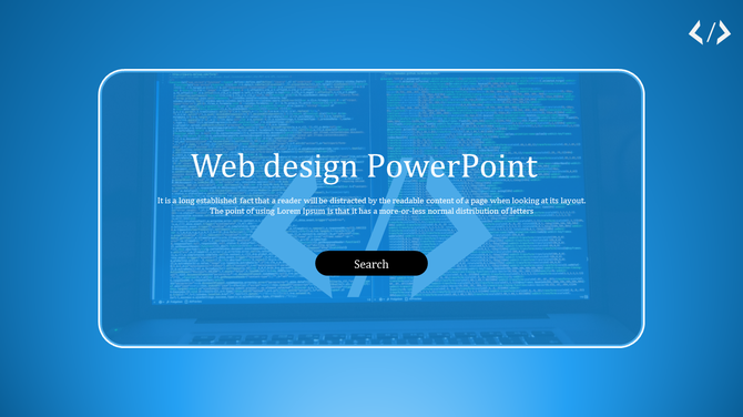 Web design slide with a photo of a laptop and a clean layout featuring the text  in a white and blue backdrop.