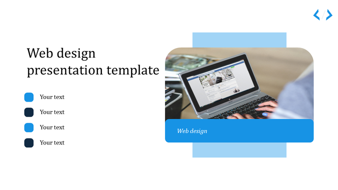 Web design presentation template featuring a person working on a laptop with a blue and white theme.