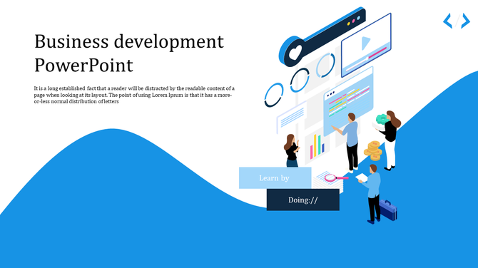 Digital business development theme with a modern isometric illustration of teamwork, technology, and financial growth.