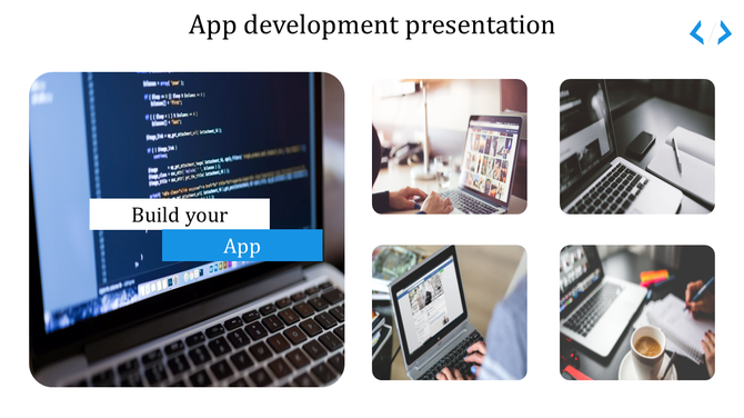 App development presentation template with a laptop displaying code and images of other workstations.