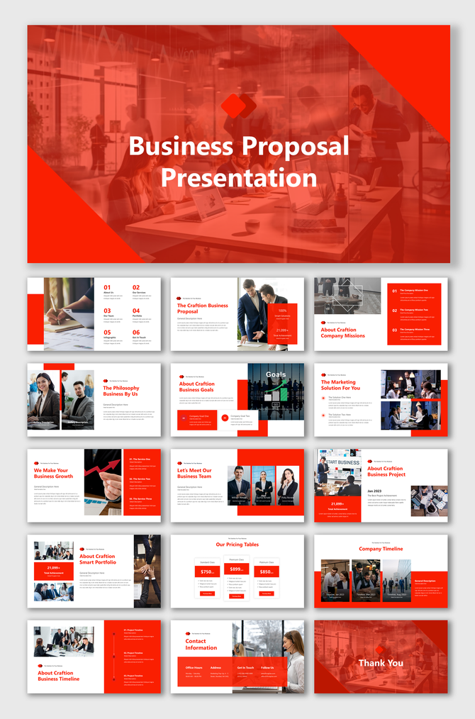 Business template featuring a red and white design, including team members working together in a modern office space.