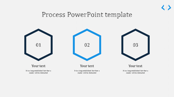 Process slide with three hexagon icons numbered 01 to 03, each with text below them on a white background.