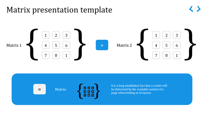 Matrix presentation with two 3x3 matrices with a plus symbol, followed by an equal sign and the result on a blue bar below.